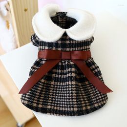 Dog Apparel Tartan Warm Princess Clothes Student Doll Collar Bowknot Checked Woollen Dress For Dogs