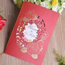 Greeting Cards 20pcs/lot Sample Red Hollow Flower Laser Cut Wedding Invitations Card Thanks Birthday Party SuppliesGreeting