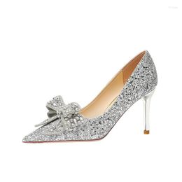 Dress Shoes Silver Sequined Pointed High Heel Thin Sexy Crystal Rhinestone Bow Women Gold Wedding Stiletto