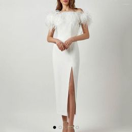 Casual Dresses Women Off Shoulder Feather Evening Cocktail Dress Fashion Sexy High Waist Corset Slit Long Robe Party
