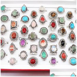 Cluster Rings Wholesale Vintage Natural Stone Flower Patten Jewellery For Women Party Gift Wedding Size 16 To 20Mm Drop Delivery Vt