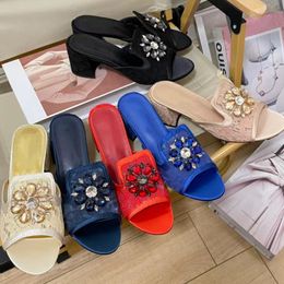 New women's slippers Luxury designer high-heeled shoes Genuine leather vintage sandals Flower rhinestone candy color Outdoor anti-slip one-word fashion banquet 36-43