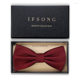 Bow Ties 2023 Fashion High Quality Wedding Party Mans Tie Double Layer Silk Red Dark Striped Bowtie Butterfly With Gift Box