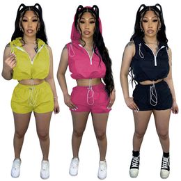 2023 Designer Summer Outfits Women tracksuits Two Piece Sets Casual Sleeveless Hooded Drawstring Shirt Top and Shorts Solid Fashion Wholesale Clothes 9248