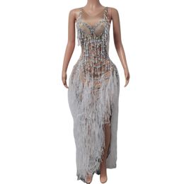 Party Dresses Women Singer Prom Birthday Celebration Party Dresses High Split Long Dress Evening Party Crystal Dresses Pearl Tassel Mesh Dress