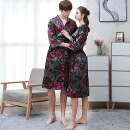 Women's Sleepwear Couple Ice Silk Bathrobe Women Summer Floral Printed Bath Robe Faux Nightgown Large Size Three Quarter Sleeve Pajamas