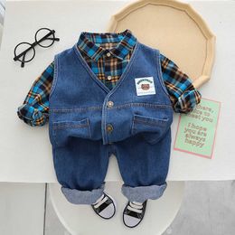 Clothing Sets Spring and Autumn Baby Long Sleeve Denim Set Year Old Boys' Vest Plaid Shirt Three Piece Simple Casual Sportswear