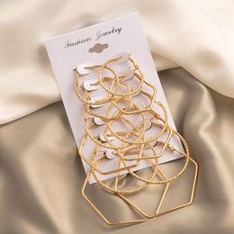 Hoop Earrings Hollow Out Geometric Polygon Round Women's Large 6Pcs Set Gold Colour Alloy Hyperbole Ear Button Studs Jewellery Gift