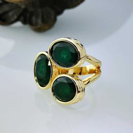 Band Rings Luxury AAA Dark Green Cubic Zirconia Wedding Rings Charms Golden Metal Three Head Filled CZ Stone Rings for Women Jewelry G230213