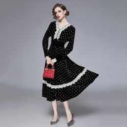 Casual Dresses 2023 Spring Vintage Polk Dot Velvet Dress Women V-neck Long Sleeve Lace Patchwork Elegant Midi-calf High Quality Vestidos