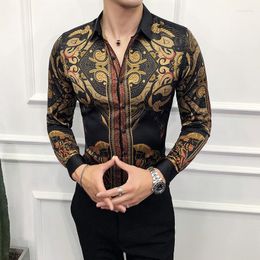 Men's Dress Shirts Plus Size 6XL-M 2023 Spring Gold Print Social Club Clothing Luxury Baroque Slim Long Sleeves Mens Designer
