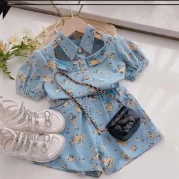 Sweet Summer Girls Clothing Sets New Korean Style Girl Flower ShortSleeved Printed Denim JacketDenim Shorts Baby Kids Suits