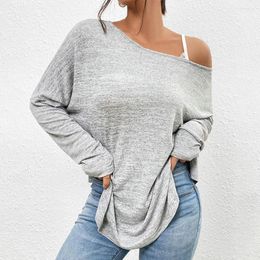Women's Blouses Women Spring T-shirt One Shoulder Oblique Neck Long Sleeves Loose Pullover Solid Colour Oversized Lady Top Female Clothing