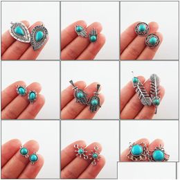 Charms Fashion Turquoise Stone Flower Feather Round Rudder Tibetan Sier Plated Pendants Retrocharms Drop Delivery 202 Dhrh8