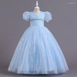 Girl Dresses Princess V Neck Short Sleeves Sky Blue Girls Dress For Wedding Birthday Party Size 6-17 Years Ballgown First Communion Gowns