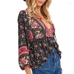 Women's Blouses Boho Black Women Vintage V-neck Floral Print Casual Long Sleeve Blouse Belt Tied Back Chic Plus Size Shirt Tops