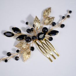 Headpieces Handmade Black Crystal Bride Wedding Leaf Hair Comb Gold Rhinestone Bridal Pieces Accessories For Women