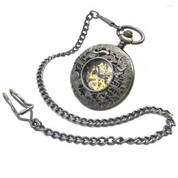 Pocket Watches CAIFU Brand Bronze Tone Skeleton Steampunk Hollow Case Hand Wind Mens Mechanical Watch W/Chain Reloj De Bolsillo
