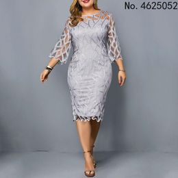 Casual Dresses Summer Women Lace Slim Patchwork Party Dress Office Ladies Round Neck Flare Sleeve Stretch Bodycon 2023 Plus Size