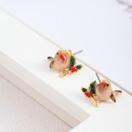 Stud Earrings European And American Jewellery Hand-painted Enamel Glaze Three-dimensional Small Sparrow Bird Leaves Cherry Cute Female