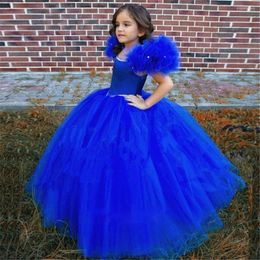 Girl Dresses Puffy Royal Blue Baby Party Dress Kids Layers Flower Hi-Low Princess Cute First Communion Gowns