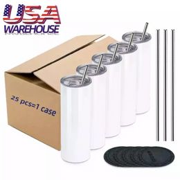 USA Warehouse 20 oz Tumblers Sublimation Blanks White Stainless Steel Heat Transfer Printing Cups Vacuum Insulated Straight Coffee Tea Car Mugs