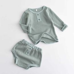 Sets Autumn Fall Clothes Suits for Newborn Baby Boy Girl Casual Clothing Solid Long Sleeve Tops And Shorts Toddler Outfit Y