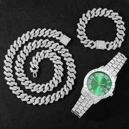 Bracelet Necklace HIP 16MM Prong Necklace Baguette WatchBracelet Hip Hop Prong Cuban Chain Iced Out Paved s CZ Bling For Men Jewelry 230211