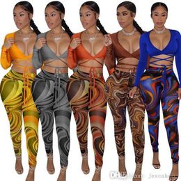 2023 Spring Fall Women 2 Piece Pants Set Mesh Bandage Long Sleeve Crop Top And Bodycon Printed Leggings Outfits Matching Set