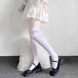 Women Socks Ladies Lolita Over The Knee Bowknot Ribbon White Long Tube Calf Female Jk Soft Sister