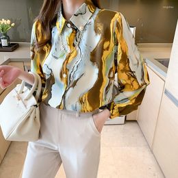 Women's Blouses Lantern Sleeve Top Fashion Office Ladies Ink Painting Shirt Women's Chain Patchwork Lapel Loose Button Up Blusas Mujer