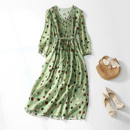 2023 Spring Green Polka Dot Print Belted Silk Dress 3/4 Sleeve V-Neck Midi Casual Dresses C3F130136