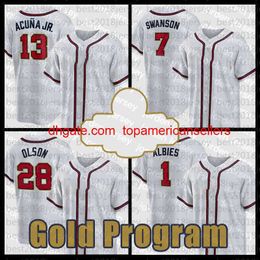 Custom Baseball Jerseys 2022 Gold Programme 13 Ronald Acuna Jr. 7 Dansby Swanson Jersey Matt Olson Mens Ozzie Albies Women Austin