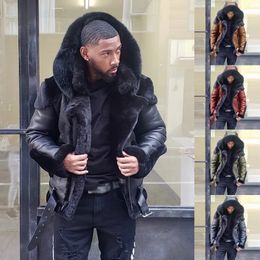 Men's Jackets 2023 Artificial Leather Coat Winter Large Size with Fur Collar and Long Sleeve Wool Lining Casual Jacket 230213