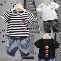 Sets suit Cotton Cartoon Printing Tshirt Denim Hole shorts Fashion loose Summer Children's Boy Clothing