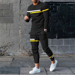 Men's Tracksuits Mens Tshirtstrousers Suit Stripe Spring Winter Gradient Graphic Printed Longsleeve Man Outfit 2 Piece Set Oversize 230213