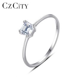 Band Rings CZCITY Asscher Cut 925 Silver CZ Ring Small Cute Sqaure Cubic Zirconia Original Finger Rings Women Bands Classic Trendy Jewelry G230213