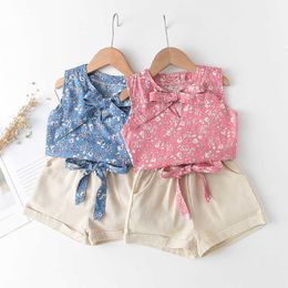 Girls Sets New Summer Kids Girl Bowtie Sleeveless Floral TopShorts Pcs Outfit Casual Suit Children Clothing