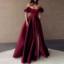 Elegant Dark Red Evening Dresses Strapless Off the Shoulder Split Pleated A-Line Long Prom Formal Gown Robe de Soiree 2023 New