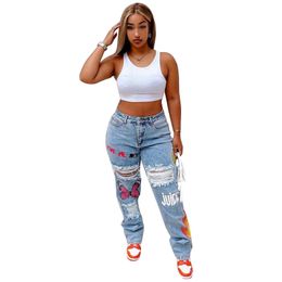 Jeans de jeans feminino Moda de luxo de luxo da qualidade feminina cora jeans de impressão de coração angustiado por roupas bandidas