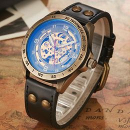 Wristwatches Shenhua Watch Skeleton Steampunk Genuine Leather Band Mens Self Winding Wrist Watches Retro Style Men Automatic Mechanical