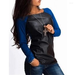 Women's Blouses Color Block Blouse Women Casual Round Neck Long Sleeve PU Leather Autumn Tops MX0049