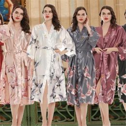 Women's Sleepwear Women Summer Satin Kimono Pyjamas Bathrobe Oriental Bride Bridesmaid Wedding Robe Dress Gown Sexy Lady Flower Long