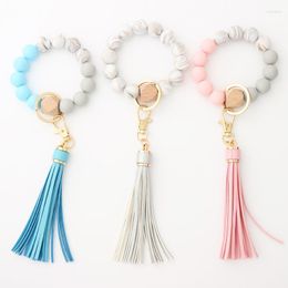 Bangle Custom Candy Color Long Leather Fringe Tassel Silicone Beads Bracelets Charm Wood Beaded Wrist Keychain Anti-lost Key Ring