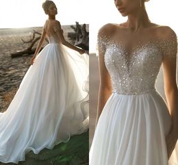 Beach Formal Organza Wedding Dress A-Line Short Sleeve Illusion Neck Crystal Beading Bridal Gown Vestidos De Novia Custom Made Robe De Mariage