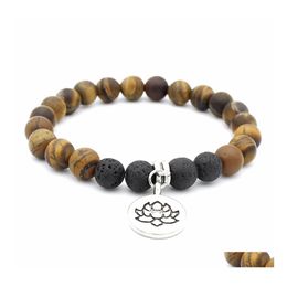 Beaded Strands Handmade Natural Stone Lotus Beads Bracelet Tiger Eye Charm For Women Men Yoga Jewellery Gifts Drop Delivery Bracelets Dhkql