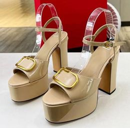 Latest Ladies Sandals Buckle High Chunky Heel open Toe Ankle Thin Strap Buckle patent Leather Formal Casual Banquet Women Size 35-42