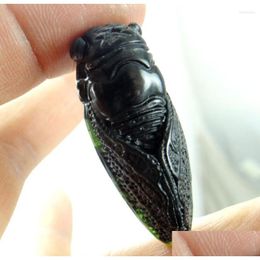 Charms 46 18 11Mm Wholesale Natural Chinese Black Green Stone Handcarved Statue Of Cicada Amet Pendant Necklace Drop Deliver Dhqo2