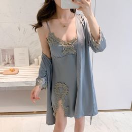 Women's Sleepwear Women Grey Robe Set Lace Trim Kimono Gown Summer 2PCS V-neck Sleep Casual Nightgown Satin Home Wear