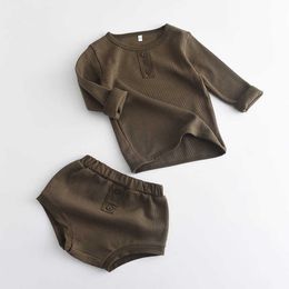 Sets Autumn Fall Clothes Suits for Newborn Baby Boy Girl Casual Clothing Ribbed Solid Long Sleeve Tops And Shorts Toddler Outfit Y